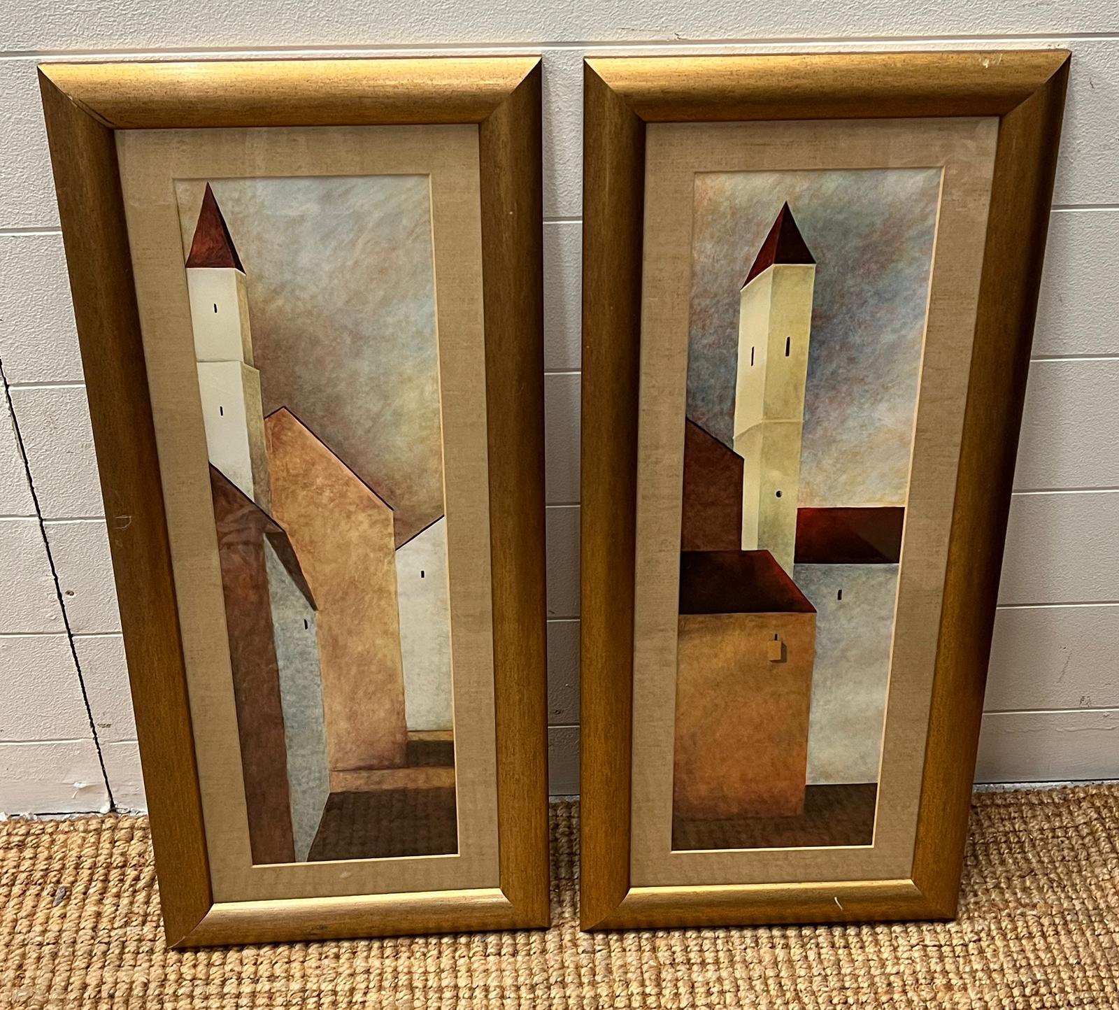 A pair of prints of abstract in style of street scene.