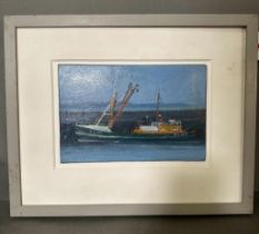 Robert JONES (British b. 1943) Beam Trawler Newlyn, Oil on board, titled and signed verso, 6.75" x