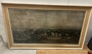 A large print of a battle field scene, signed bottom left Baker 70cm x 128cm