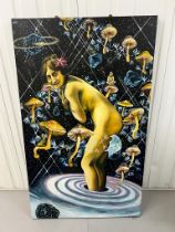 A psychedelic oil on canvas featuring a nude woman and flying mushrooms signed bottom right A