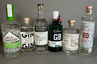 A selection of six bottles of gin to include: St George Terroir Gin, Chase GB gin, Dodd's gin, Napue