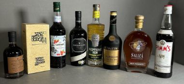 Eight assorted bottles of spirits and liqueurs to include Gin, Rum Pimms No 1 etc.