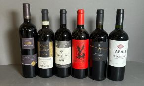 An assortment of six bottles of red wine, see photos for makers, types and years.
