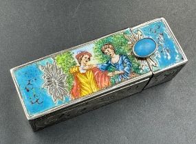 A Continental silver and enamel lipstick holder with pop up mirror