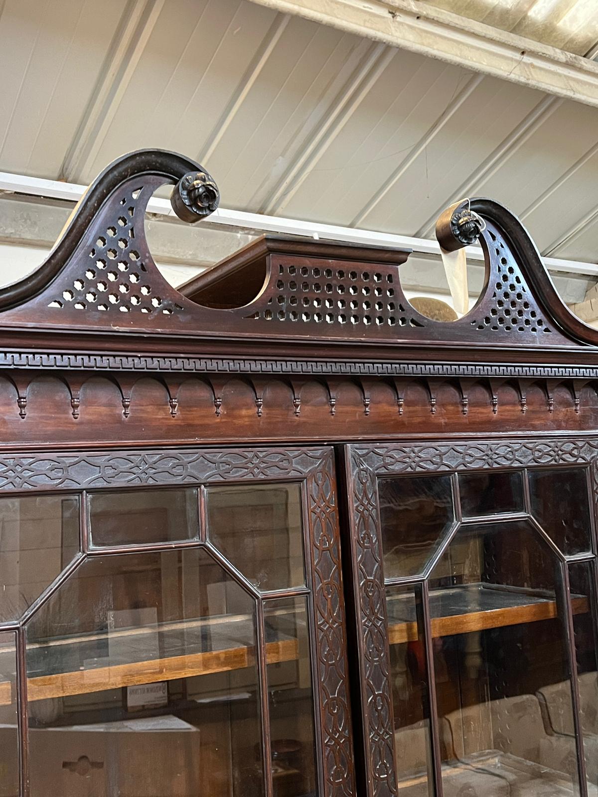 Georgian glazed library cabinet with scrolling cornice, carved framed glazed doors opening to pegged - Image 3 of 12