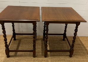 A pair of oak square tables on barley twist legs (H68cm Sq55cm)