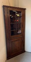 An oak corner cupboard with glazed door and panelled cupboard (H210cm W95cm D64cm)