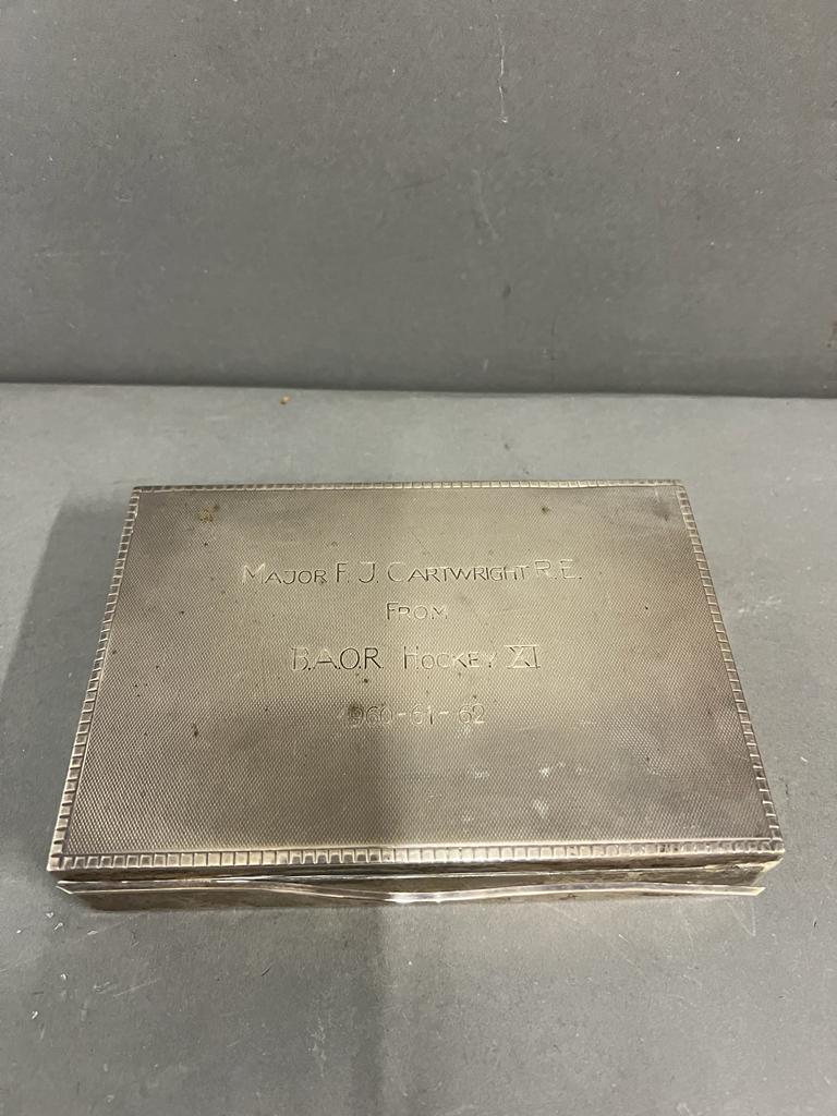 A sterling silver cigarette case awarded to Major F.J Cartwright, Royal Engineers in 1962 17cm x - Image 2 of 6