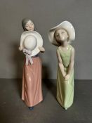 Two boxed Lladro figures, a young lady with her hands on knees and another with hat Condition Report