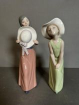 Two boxed Lladro figures, a young lady with her hands on knees and another with hat Condition Report