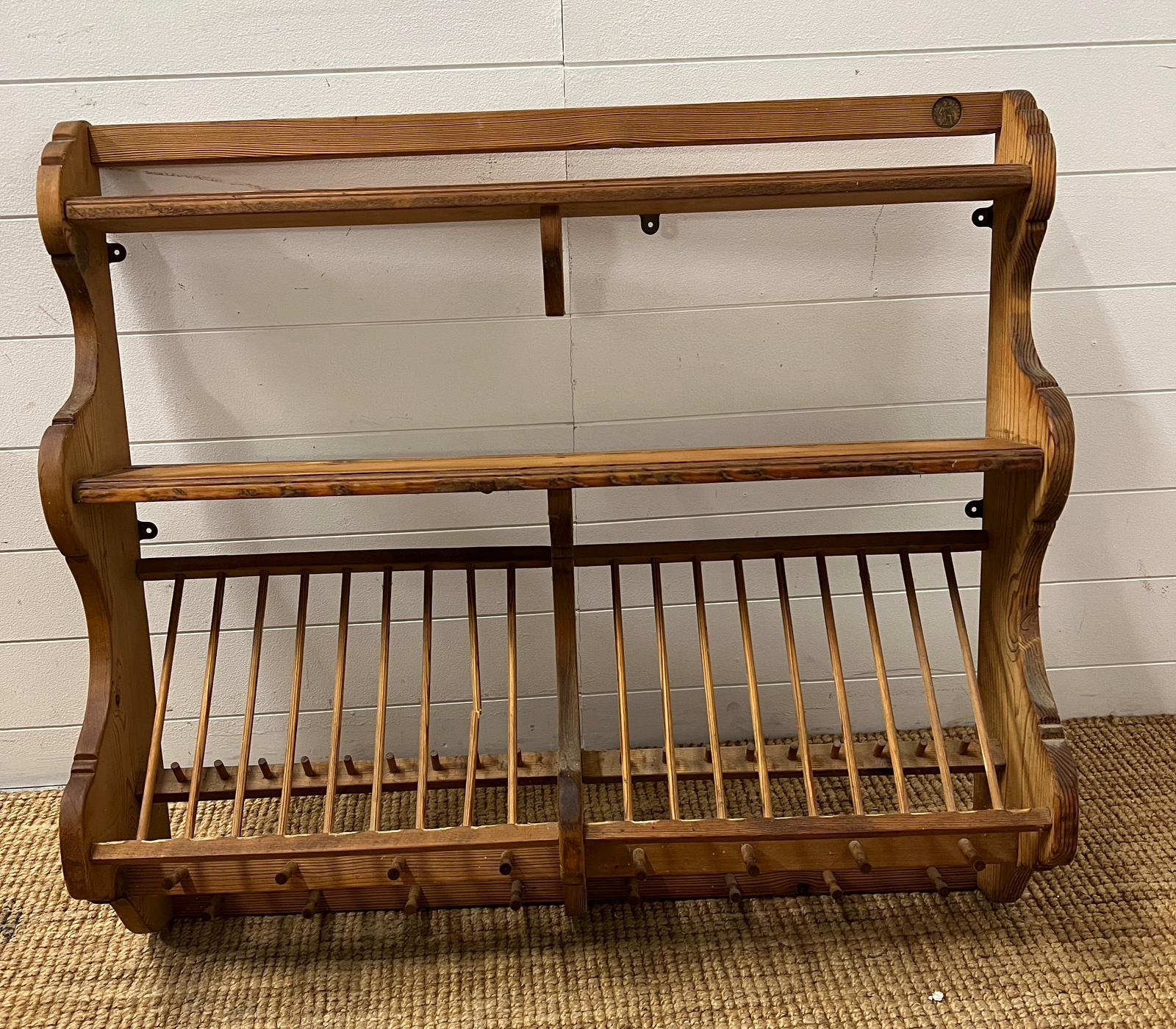 Pitch pine plate rack and hooks (H86cm W96cm D23cm)