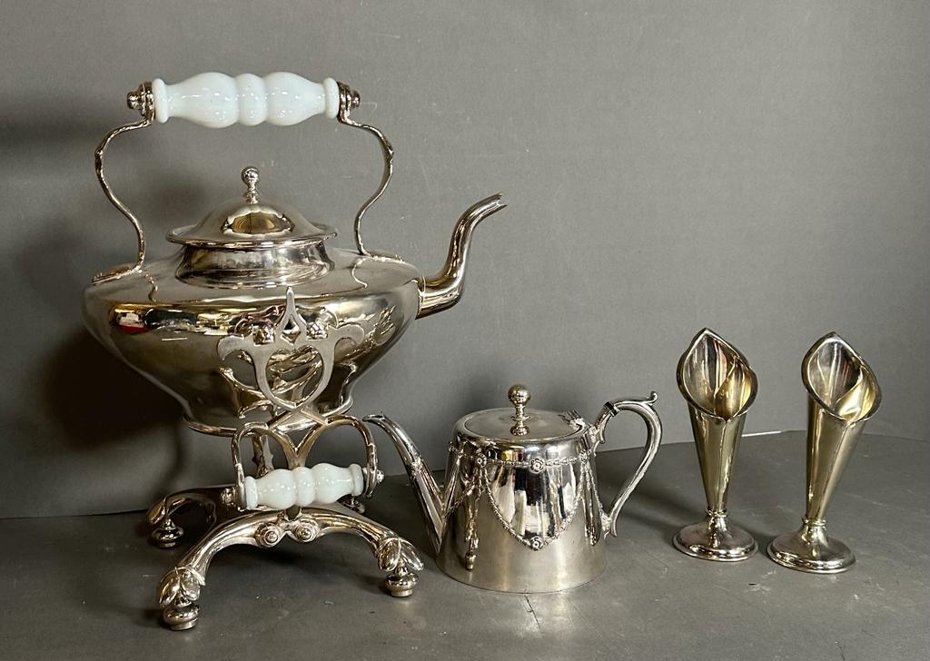 A selection of silver plated items to include a very impressive spirit kettle, pair of vases and a