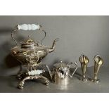 A selection of silver plated items to include a very impressive spirit kettle, pair of vases and a