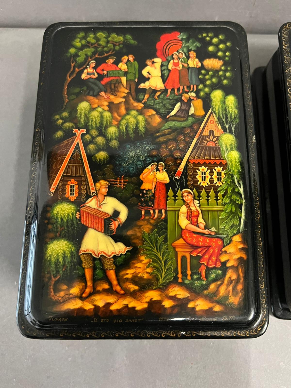 Two lacquered boxes with village scene to front (17cm x 12cm) - Image 5 of 5