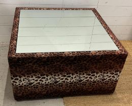 A squared mirrored top coffee table with fabric sides (H50cm Sq89cm) AF Condition Report Chip to