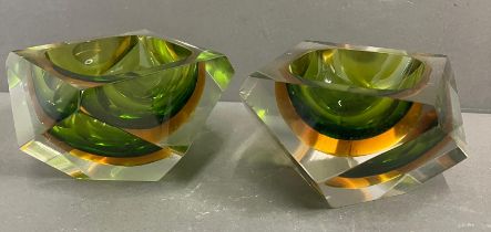 Two encased green glass bowls