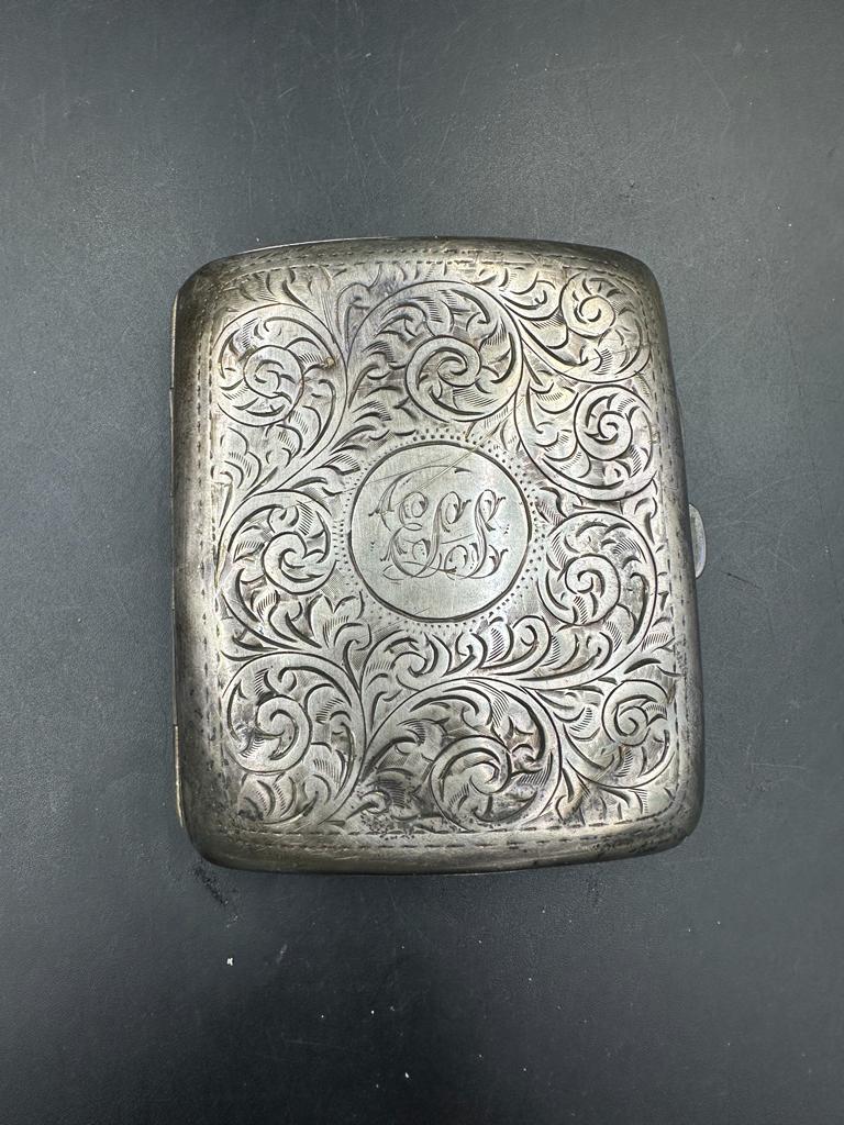 A silver, engraved cigarette case, hallmarked for Birmingham 1927, makers mark E & S. - Image 2 of 3