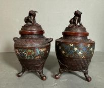 Two bronze cloisonne incense burners with Foo dog tops