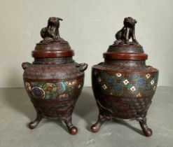 Two bronze cloisonne incense burners with Foo dog tops