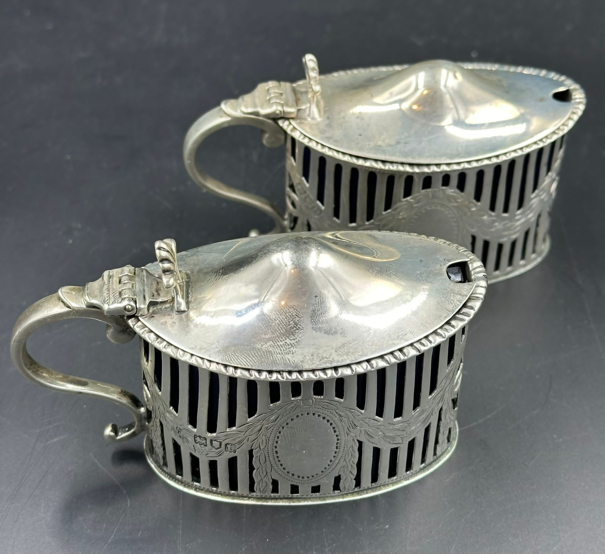 Two hallmarked silver mustards with blue glass liners by C S Harris & Sons Ltd, hallmarked for - Image 3 of 6