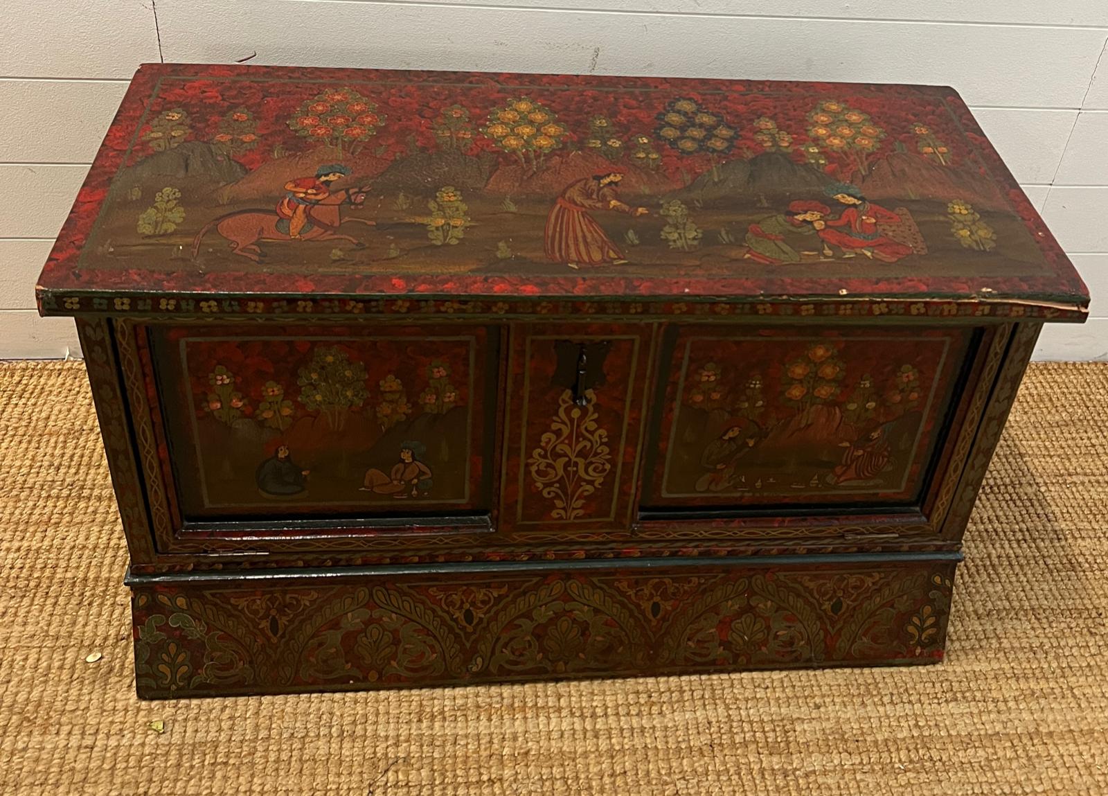 A folk painted chest open to front (H60cm W98cm D41cm) - Image 2 of 5