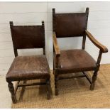 Two oak and leather Cromwellian style chairs