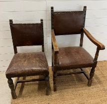 Two oak and leather Cromwellian style chairs