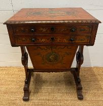 A Sheraton Revival satinwood work table with two drawers (H77cm W56cm D43cm)