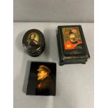 Two lacquered boxes and mini portrait (9cm x 8.5cm)