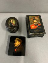 Two lacquered boxes and mini portrait (9cm x 8.5cm)