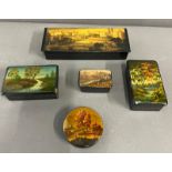 Five lacquered boxes with country and town scene