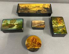 Five lacquered boxes with country and town scene