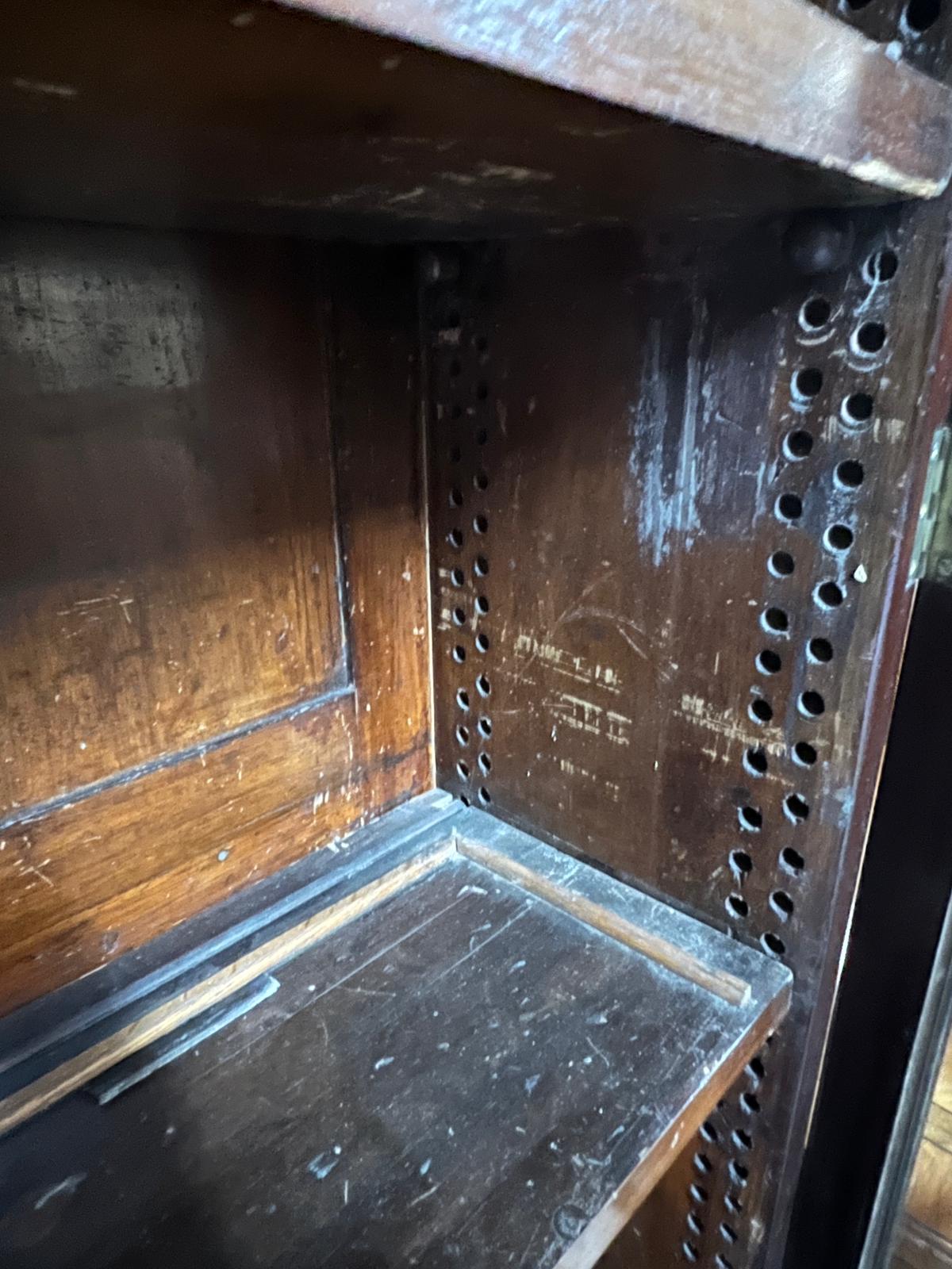 Georgian glazed library cabinet with scrolling cornice, carved framed glazed doors opening to pegged - Image 12 of 12