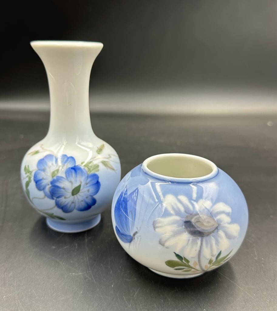 Two pieces of Royal Copenhagen porcelain, a single stem vase and small vase. Tallest 12cm