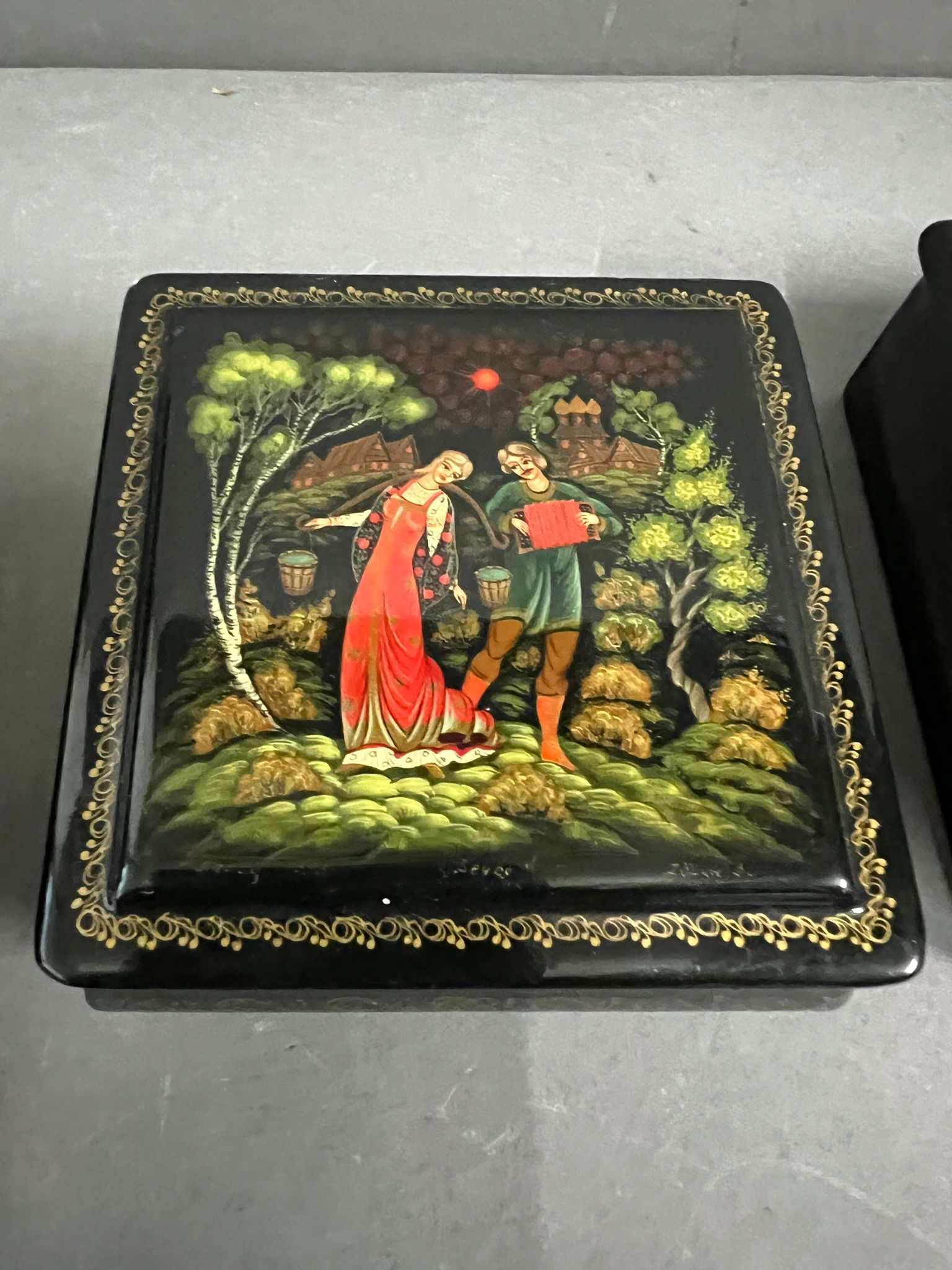 Three lacquered boxes with courting couples to front - Image 4 of 5