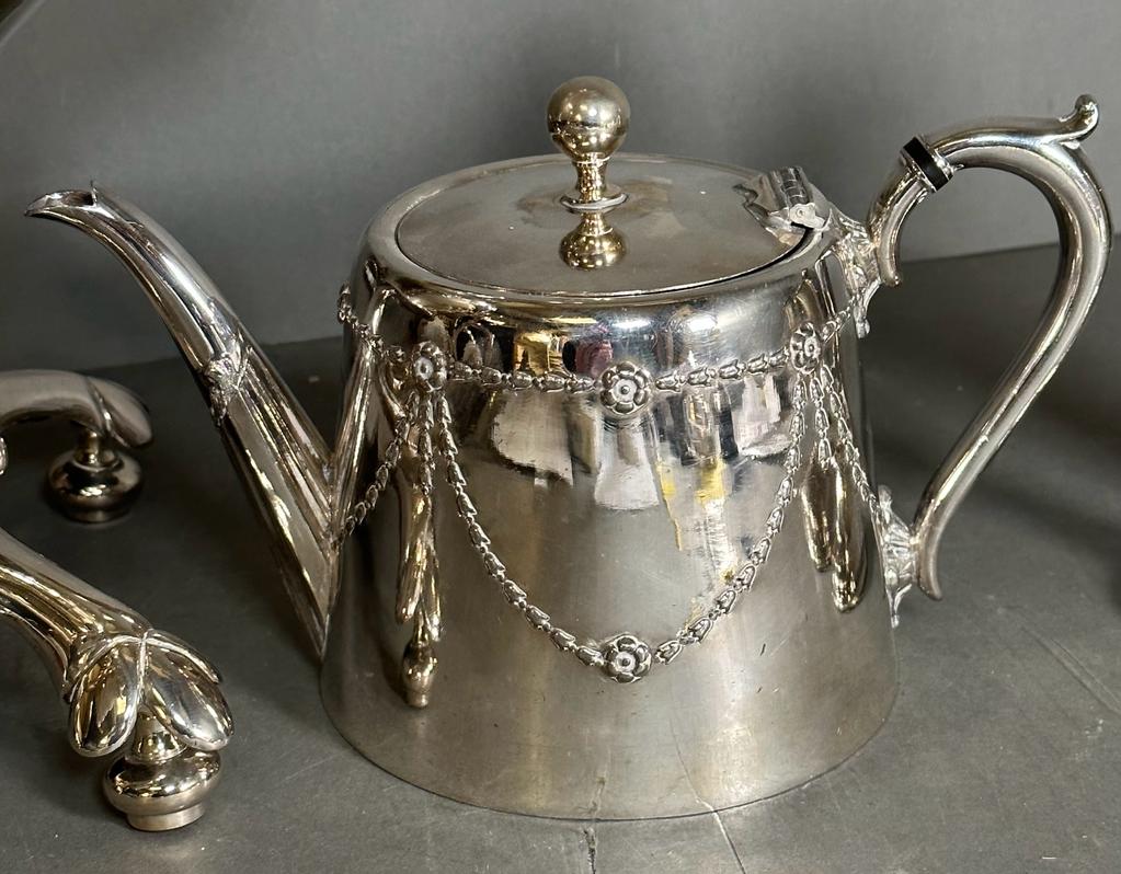 A selection of silver plated items to include a very impressive spirit kettle, pair of vases and a - Image 2 of 3