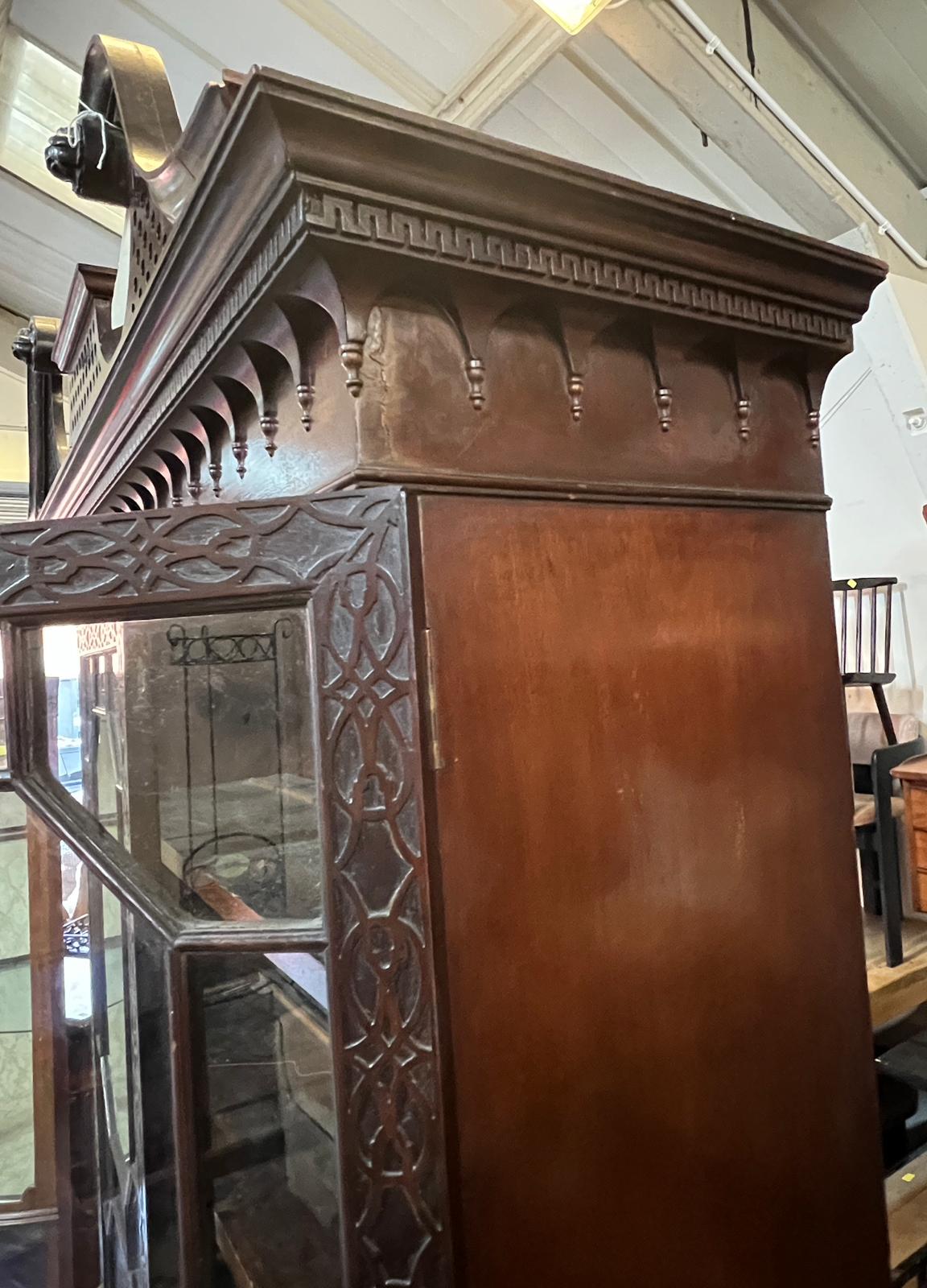 Georgian glazed library cabinet with scrolling cornice, carved framed glazed doors opening to pegged - Image 6 of 12