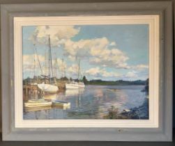 An oil on canvas of a harbour scene, Clive Kidder signed lower right 59cm x 45cm