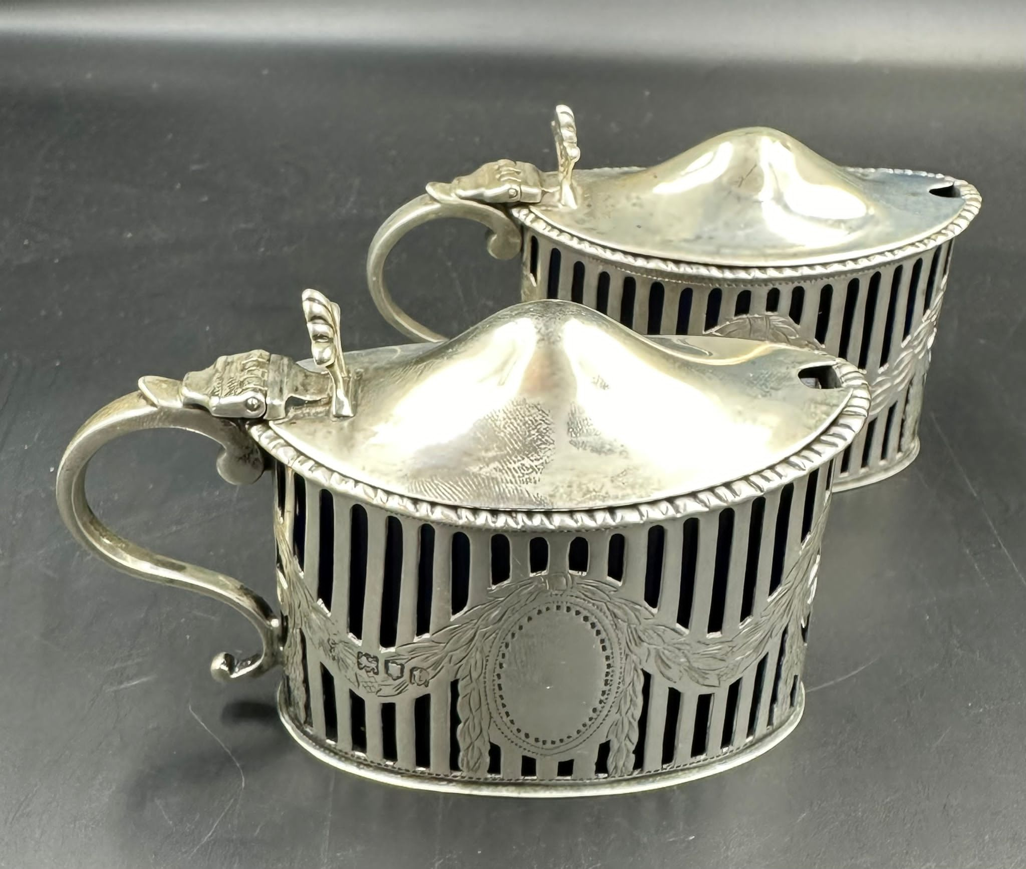 Two hallmarked silver mustards with blue glass liners by C S Harris & Sons Ltd, hallmarked for - Image 4 of 6