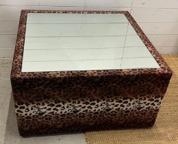 A squared mirrored top coffee table with fabric sides (H50cm Sq89cm)