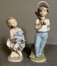 Two boxed Lladro figures, a young boy playing baseball and a girl with a teddy bear Condition Report