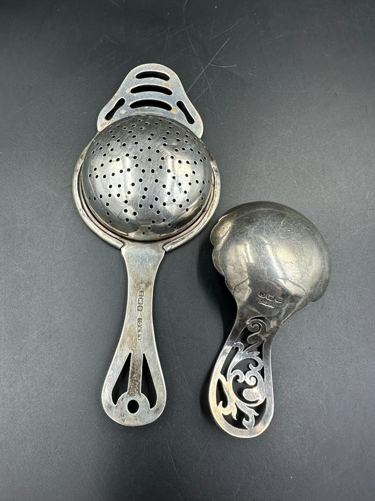 A silver tea strainer, hallmarked Birmingham 1932 by Angora Silver Plate Co Ltd along with a caddy - Image 2 of 2