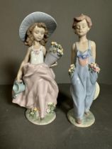 Two boxed Lladro figures of a girl with flowers and a watering can and a girl in dungarees Condition