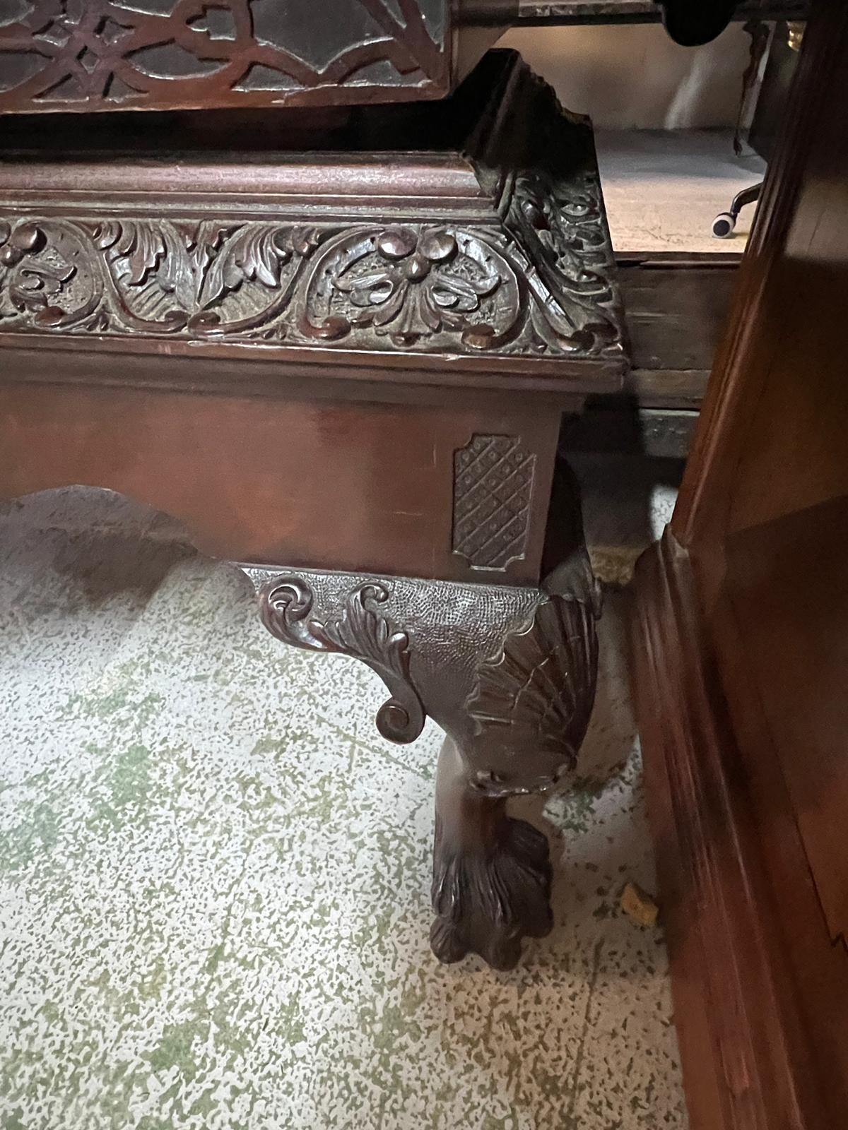 Georgian glazed library cabinet with scrolling cornice, carved framed glazed doors opening to pegged - Image 9 of 12