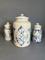 A selection of three Indian blue and white printed and lidded jars