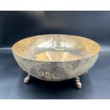 A Continental silver, marked 800, Cypriot bowl engraved to base on four hoof on ball feet,