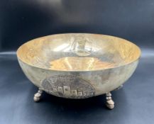 A Continental silver, marked 800, Cypriot bowl engraved to base on four hoof on ball feet,