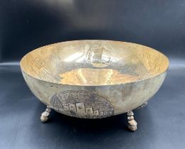 A Continental silver, marked 800, Cypriot bowl engraved to base on four hoof on ball feet,