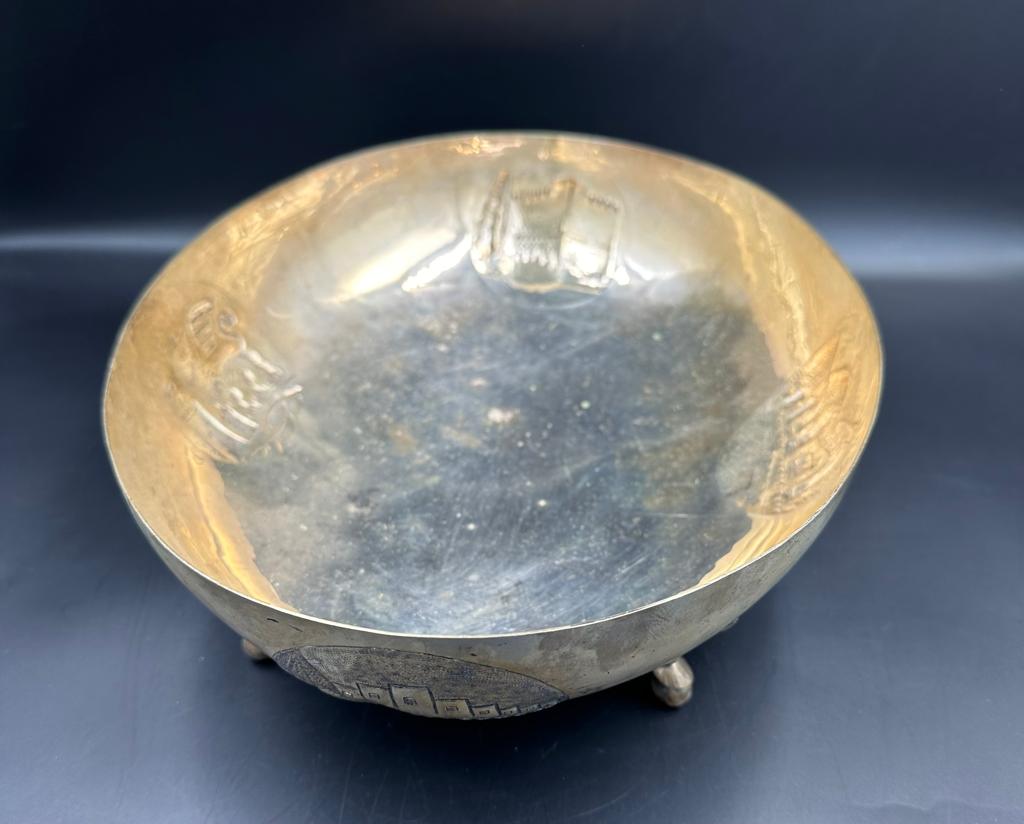 A Continental silver, marked 800, Cypriot bowl engraved to base on four hoof on ball feet, - Image 4 of 5