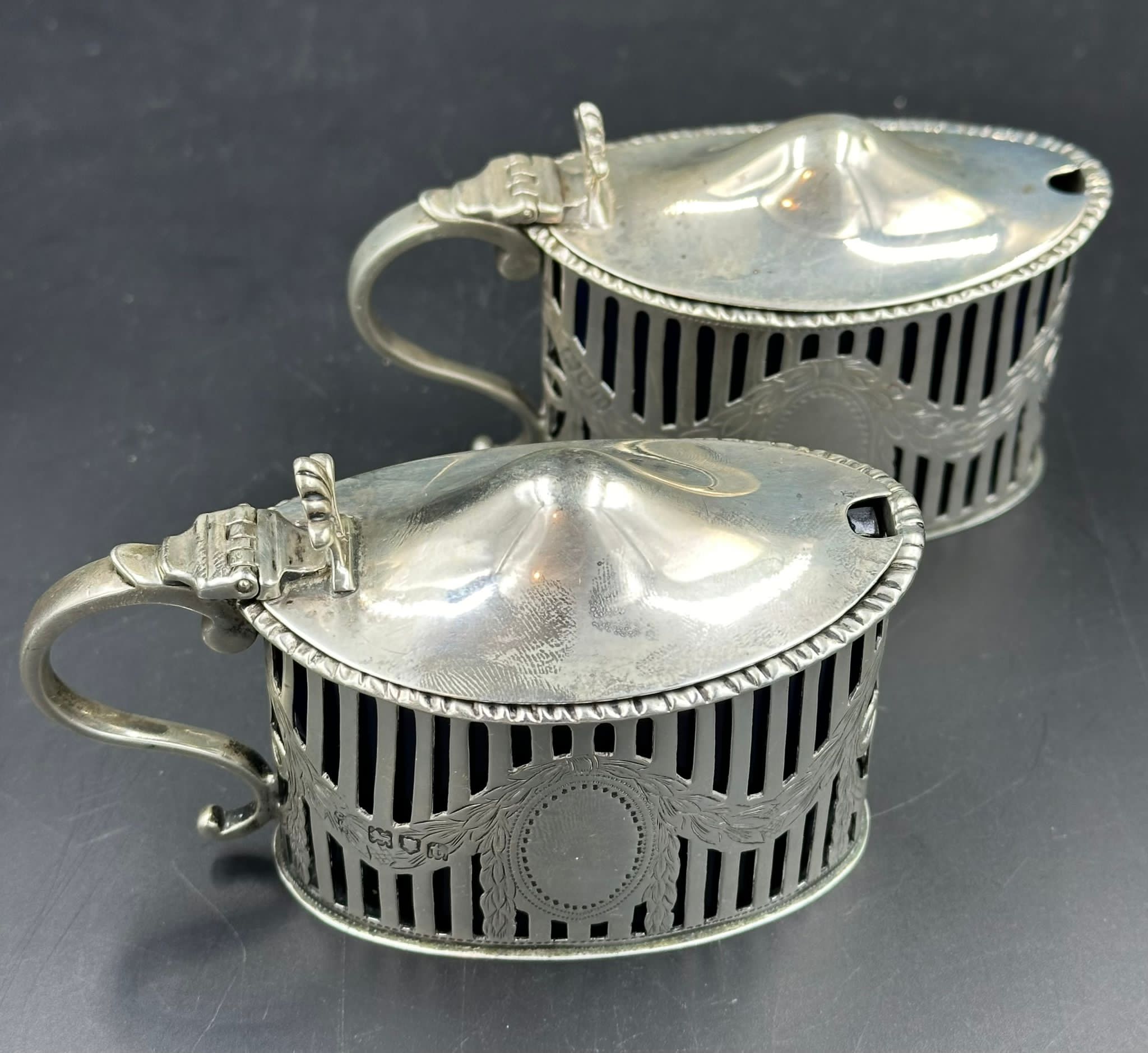 Two hallmarked silver mustards with blue glass liners by C S Harris & Sons Ltd, hallmarked for - Image 6 of 6